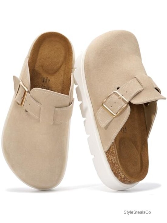 Shoes - Genuine Leather Platform Clogs with Memory Foam Insole Arch Support Non-Slip